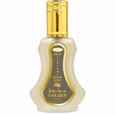 Gouden parfumfles met gouden dop van Al-Rehab Parfum Golden